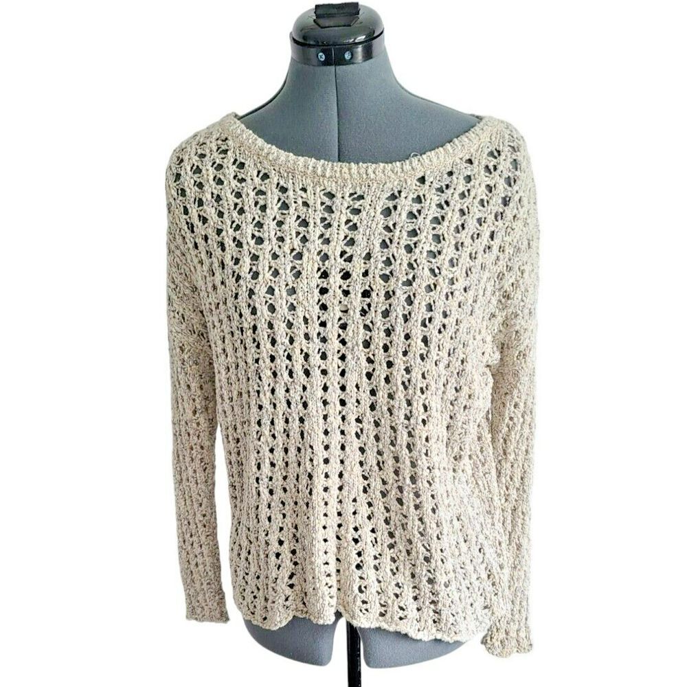 American Eagle Outfitters Women Beige Open Knit Crochet Sweater Small